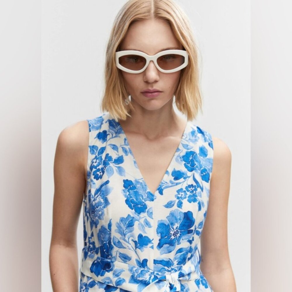 Mango Floral-Print Jumpsuit With Tie Blue and White Print Size Extra Small - Picture 4 of 14